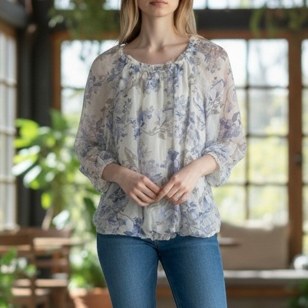 Rosemarine Italy 100% Silk Floral Bubble Hem Blouse Blue White Medium 08150